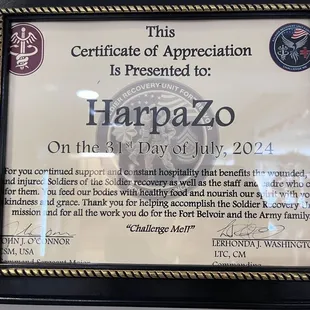 Certificate of appreciation in recognition of support to the community hospital