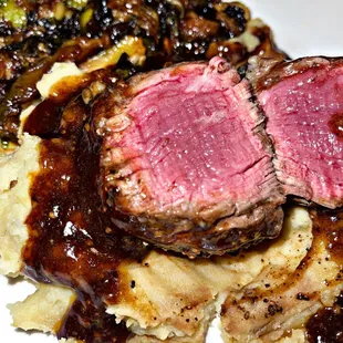 Medium rare  Filet 7oz Beef Demi Glace Mashed Potatoes Harper House Brussel Sprouts. Again. ORDER THIS.