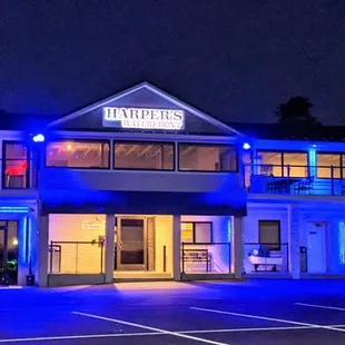 the exterior of the restaurant at night