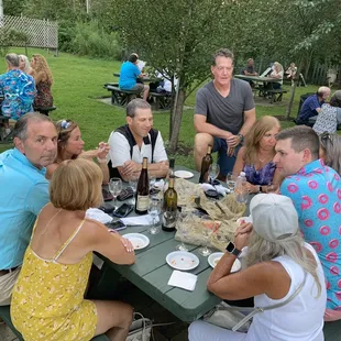 Picnic tables can fit 8, or more if you squeeze.