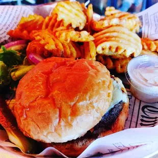 a hamburger and french fries