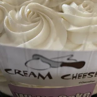 Label on pre-made cake in cooler.