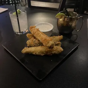 Fried pickles  with Irish Mule and a Holy Water