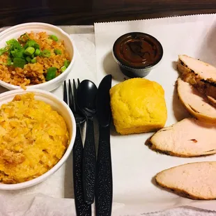 Jerk chicken from the Cajun restaurant. Very good. Corn pudding was amazing! Great free lunch with points.