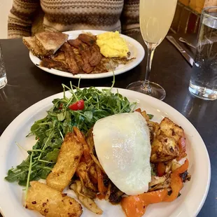Tofu Hash with egg, delicious combo with green and warm seasoned tofu bites - yum!