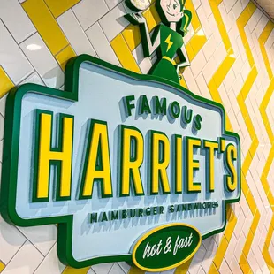 a sign for famous harriet's hamburgers