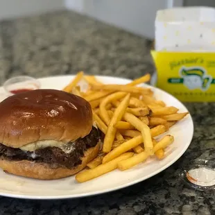 a hamburger and french fries