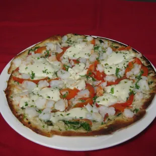 Vegetarian Flat Bread Pizzetta - red pepper pesto, roasted vegetables, fresh mozzarella