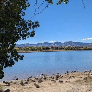 Lake with mountains in the background