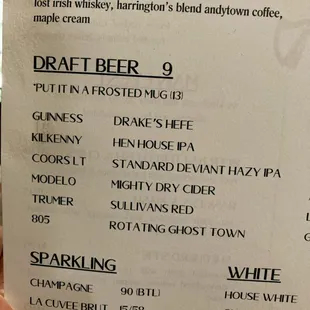 Beer menu. Two dollars off for happy hour.