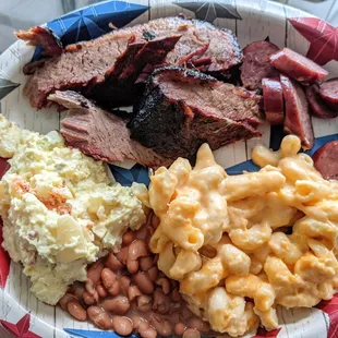 Brisket, Sausage, Mac, Beans, Potato Salad