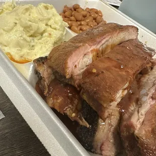 Ribs, brisket, potato salad, pinto beans