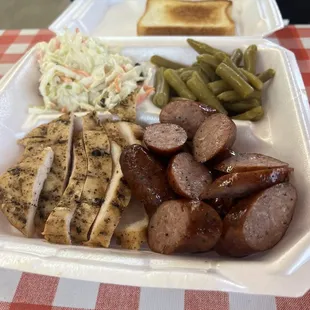Chicken, sausage, coleslaw and green beans