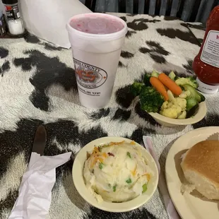 Side dishes, mashed potatoes and steamed veggies