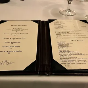 Dessert and after dinner drinks menu