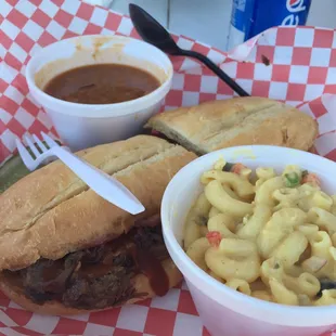 Chopped Beef Brisket Hoagie with macaroni salad and beans