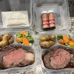 a meal of meat, potatoes, carrots, and potatoes