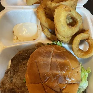 Ribeye sandwich and onion rings