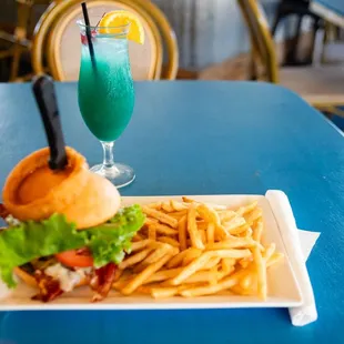 a plate of food and a drink