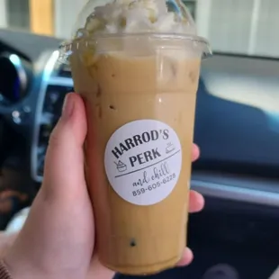 Decaf Iced Rachel with oat milk and whip cream!