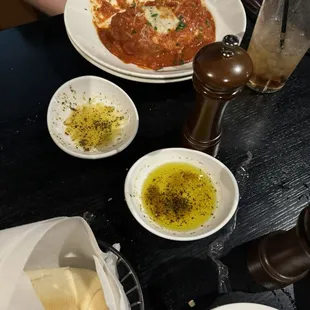 Bread, Seasoned Dipping Oil and Lasagna