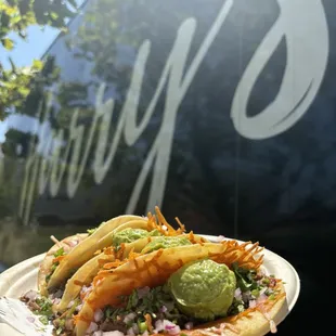 Steak Tacos with Cheese, Onions, Cilantro and Guac!