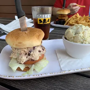 Chicken Salad in Hawaiian bun, Potato Salad &amp; Harry's Red Beer