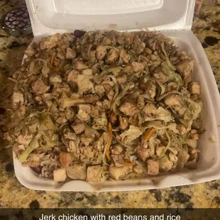Jerk, chicken with red beans, and rice