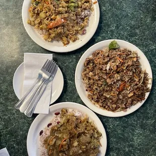 (top to bottom); Curry Chicken, Jerk Chicken, Lamb with Rice and Beans.