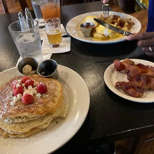 White Chocolate Raspberry Pancakes, bacon, egg hollandaise breakfast special