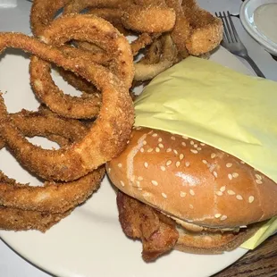 a burger and onion rings