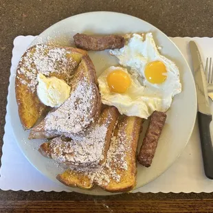 French toast, eggs and sausage