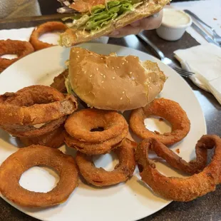 Bacon Avocado Burger with Onion Rings