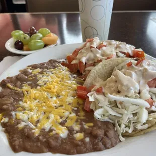 2 fish tacos plate, double beans.