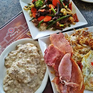 Steak Stir Fry, Biscuit's n Gravy, Dearborn Brand Ham n Eggs Wonderful Delicious