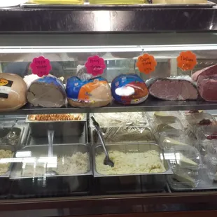 a display case filled with food