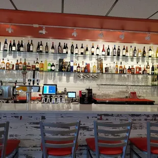 a row of chairs at the bar