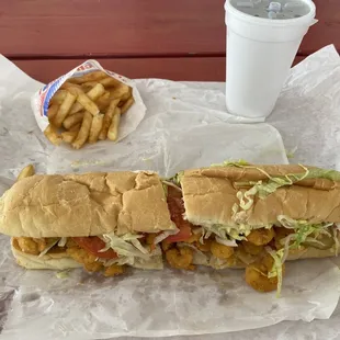 The Tuesday special. Whole shrimp poboy, fully dressed. Small fry and small coke. Yum!
