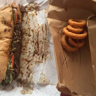 Good ole' roast beef and onion rings.