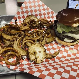 Dbl cheeseburger with homemade curly fries