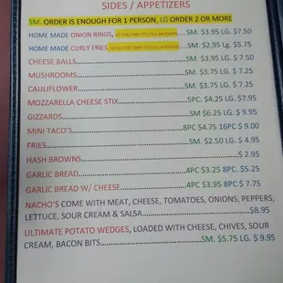 the price of the menu