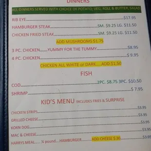 a menu for dinner