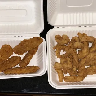 Left are frozen chix finger $9.99, right are moist, crisp &amp; flavorful made in house chix tenders $11.99-always go for house-made!