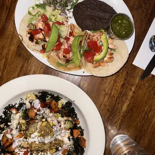 Buddha bowl and salmon tacos