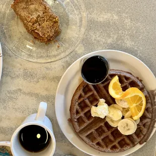 Blue cornmeal waffle and a side of scrapple