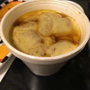 8 oz. French Onion with a plentiful amount of cheese.