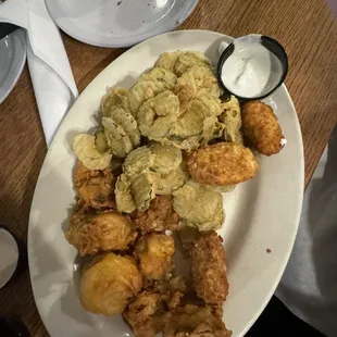 Sampler with poppers, fried pickles, and fried mushrooms
