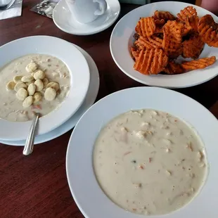 In our opinion best clam chowder in the area, tons of clam and great flavor! Love their sweet potato fries on the side. $8 for a bowl
