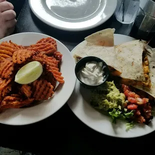 Side of sweet potato fries and chicken quesadilla