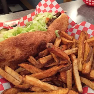 Cheese burger sub with fries